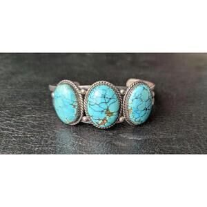 Vintage Navajo turquoise‎ three stone cuff, signed sterling silver bracelet
